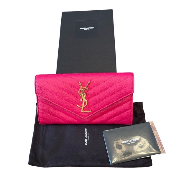Saint Laurent Grain De Poudre Matelasse Chevron YSL Monogram Flap Pink Authentic - Picture 2 of 10